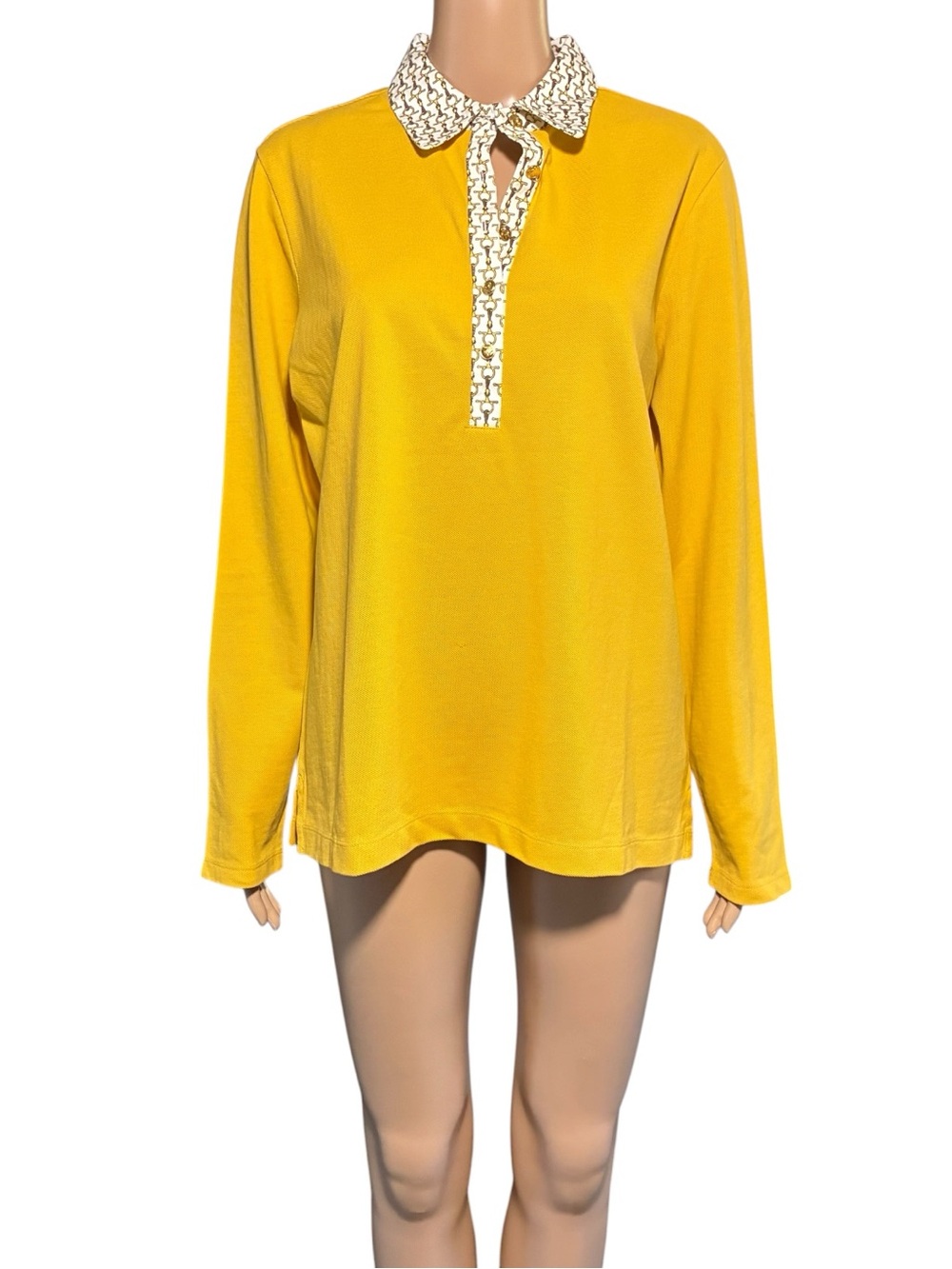 Lands' End Women’s Blouse Size L Yellow 100%Cotton Long Sleeve Collared Pullover